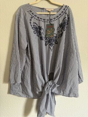 NWT grand & greene Navy and White Striped Tie-Front Embroidered Tunic